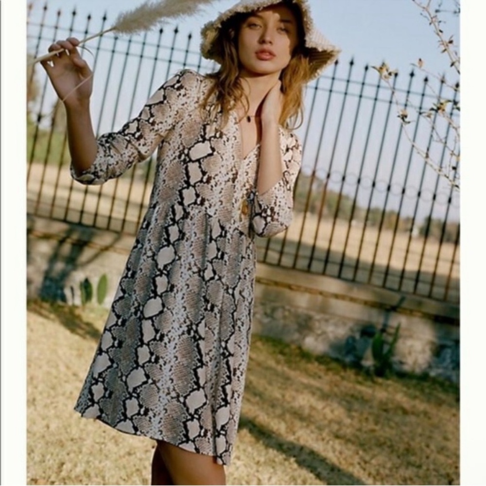 ✨Anthropologie Maeve Snake-Print Mini Dress L Cream Beige Black Offiice Summer